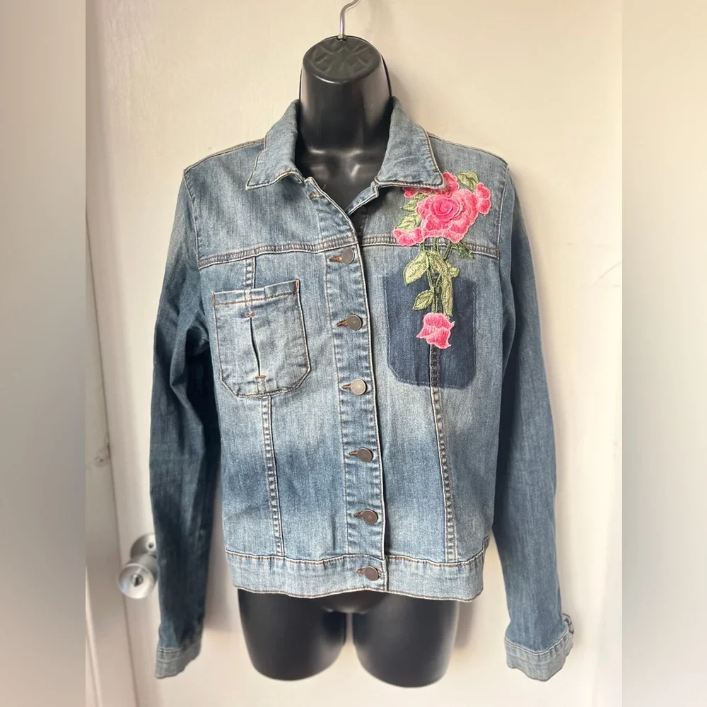Kut from the Kloth Juko Denim Jacket Flower Embroidery sz L - Picture 3 of 16